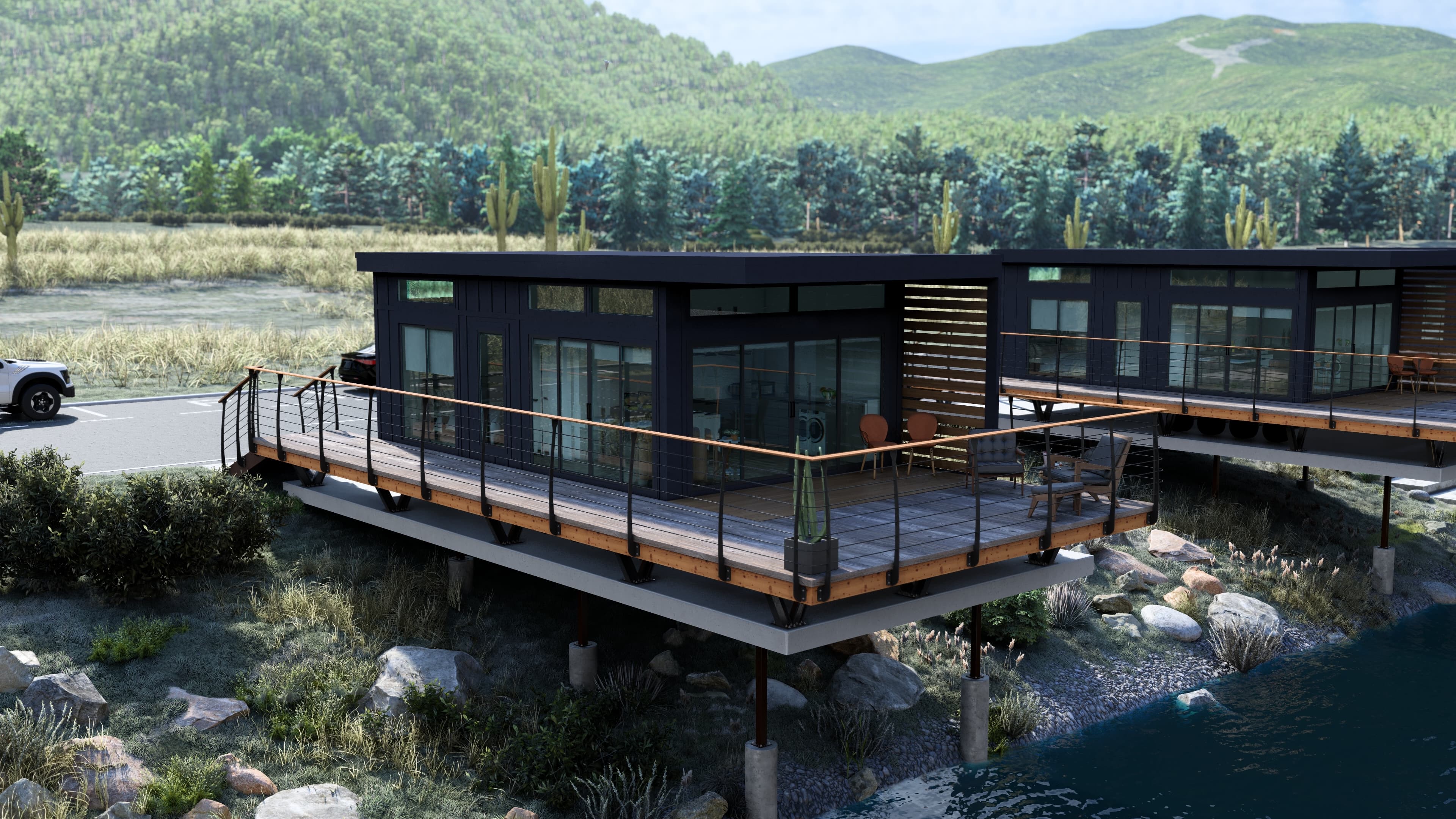 Modern unit overlooking a lake